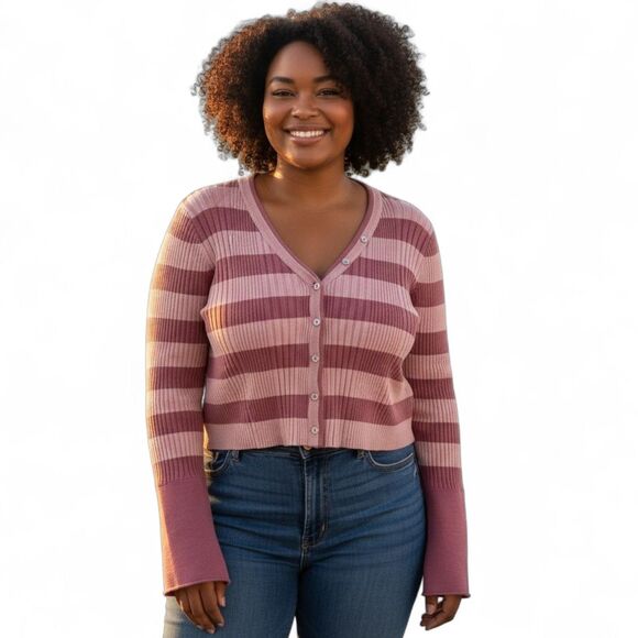 Ribbed Striped V-Neck Button Cardigan Pink Mauve Size L Knit Cropped Sweater - Picture 1 of 8